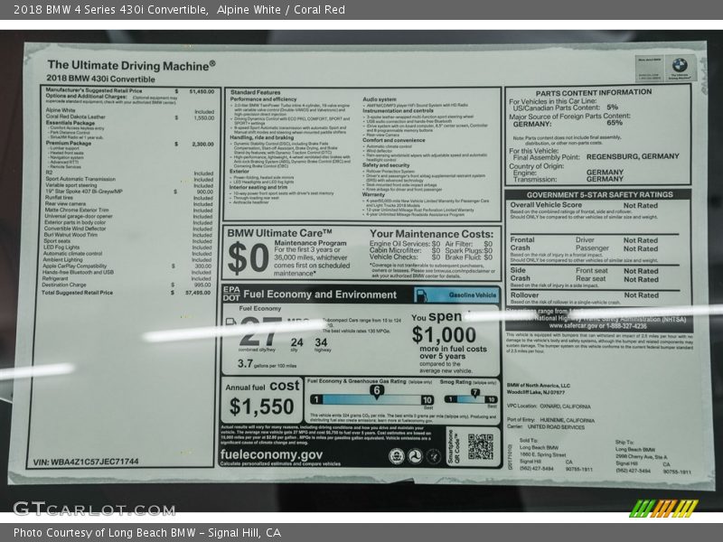 Alpine White / Coral Red 2018 BMW 4 Series 430i Convertible