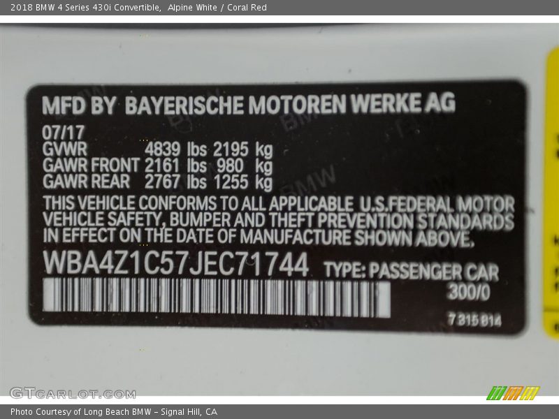 Alpine White / Coral Red 2018 BMW 4 Series 430i Convertible