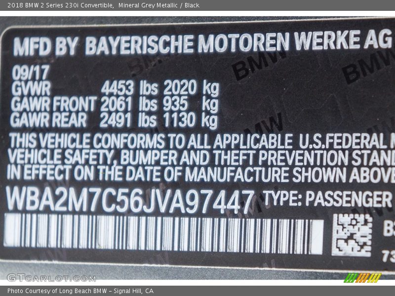Mineral Grey Metallic / Black 2018 BMW 2 Series 230i Convertible