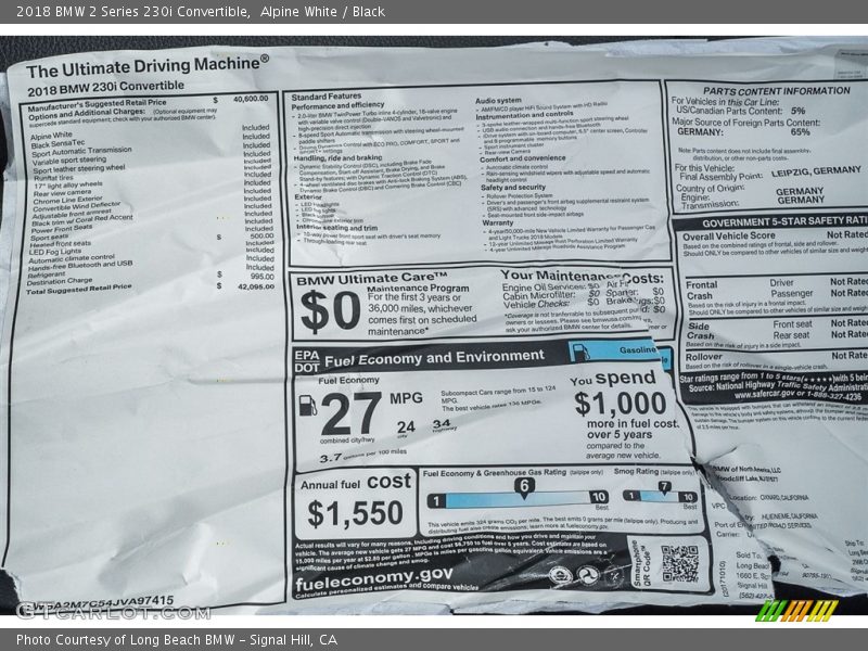  2018 2 Series 230i Convertible Window Sticker