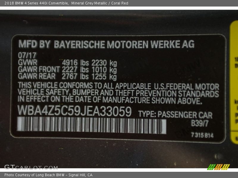 2018 4 Series 440i Convertible Mineral Grey Metallic Color Code B39