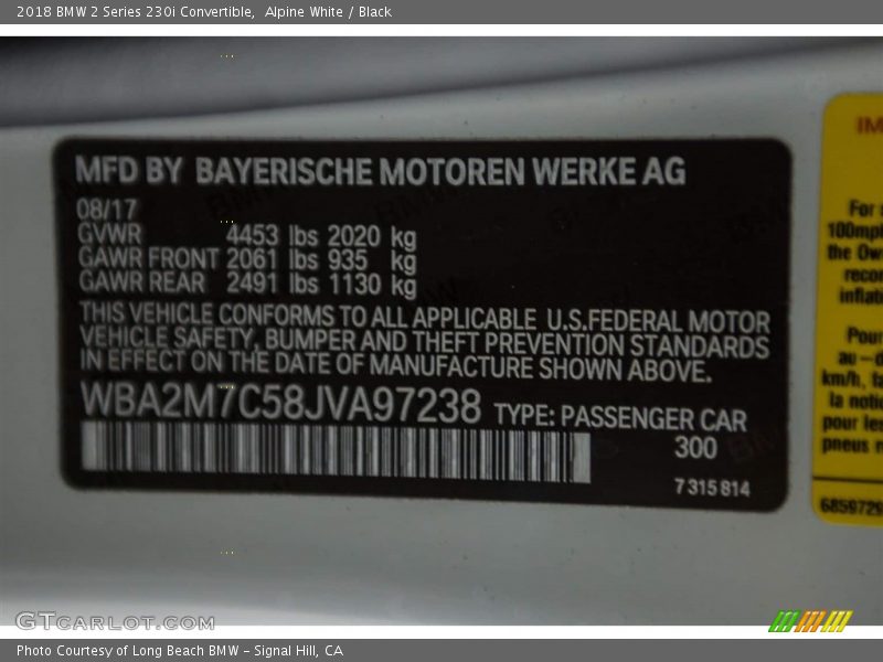 Alpine White / Black 2018 BMW 2 Series 230i Convertible