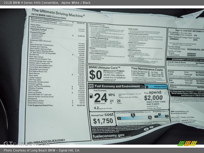  2018 4 Series 440i Convertible Window Sticker