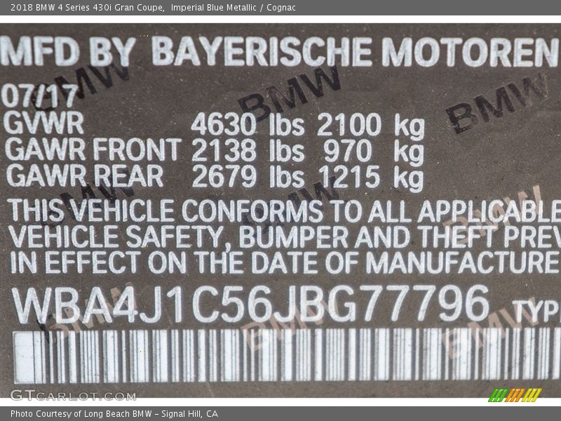 Imperial Blue Metallic / Cognac 2018 BMW 4 Series 430i Gran Coupe