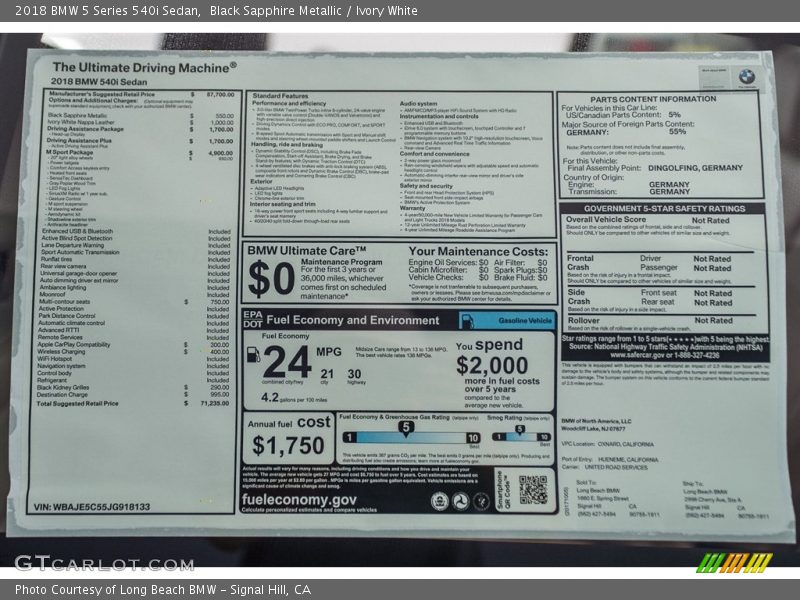  2018 5 Series 540i Sedan Window Sticker