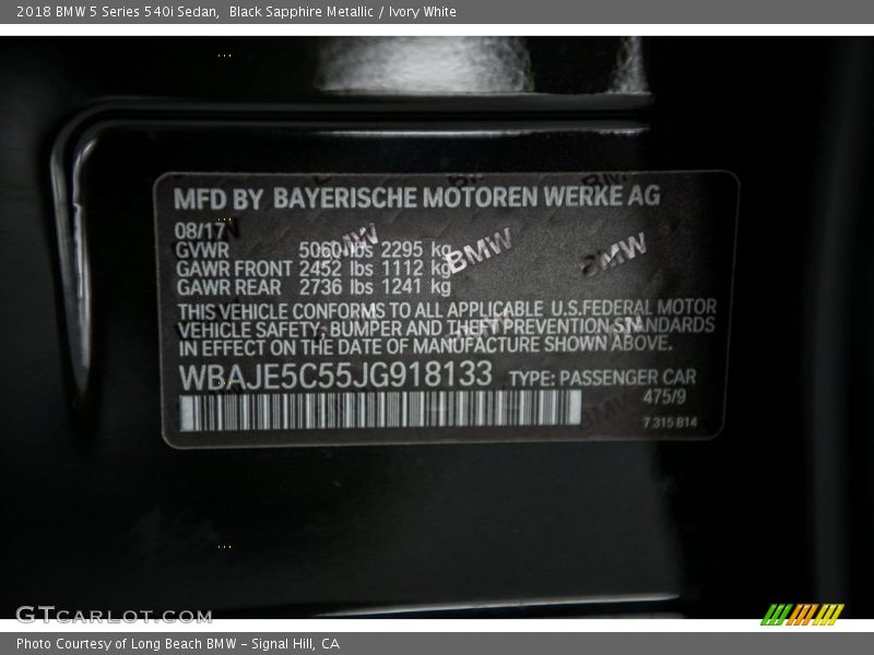 2018 5 Series 540i Sedan Black Sapphire Metallic Color Code 475
