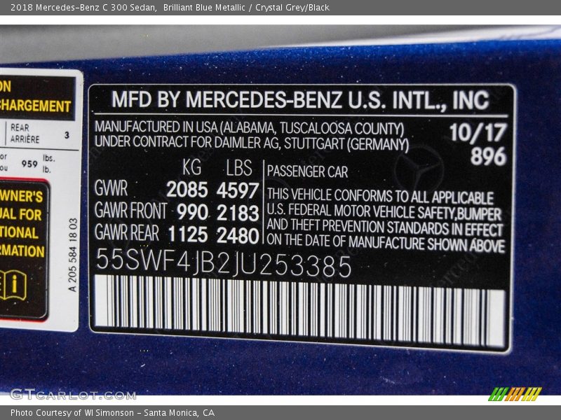 Brilliant Blue Metallic / Crystal Grey/Black 2018 Mercedes-Benz C 300 Sedan