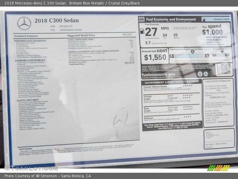 Brilliant Blue Metallic / Crystal Grey/Black 2018 Mercedes-Benz C 300 Sedan