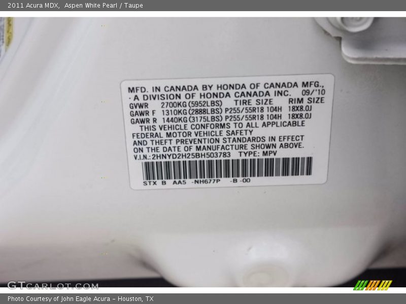Aspen White Pearl / Taupe 2011 Acura MDX