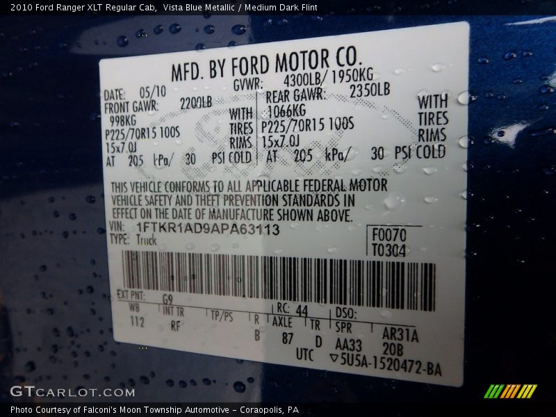 Vista Blue Metallic / Medium Dark Flint 2010 Ford Ranger XLT Regular Cab