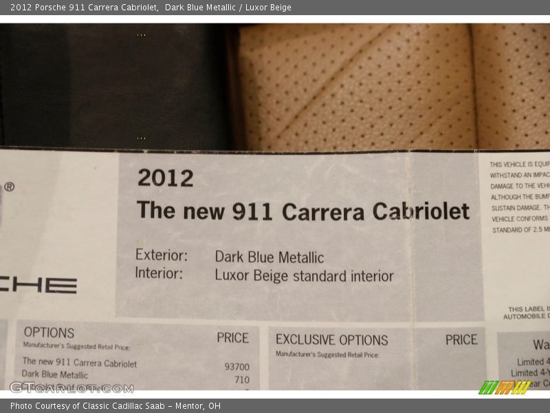 2012 911 Carrera Cabriolet Window Sticker