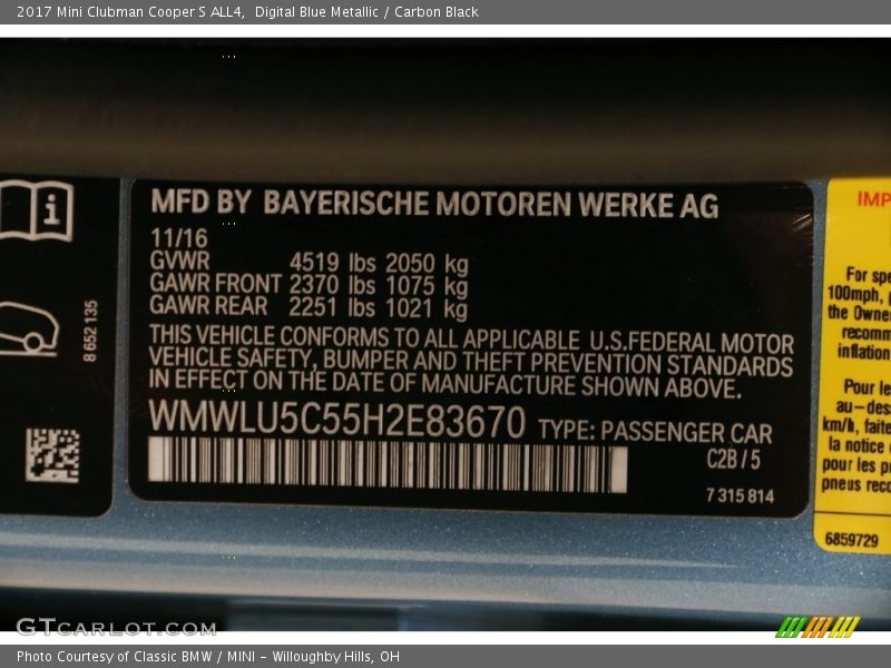 Digital Blue Metallic / Carbon Black 2017 Mini Clubman Cooper S ALL4