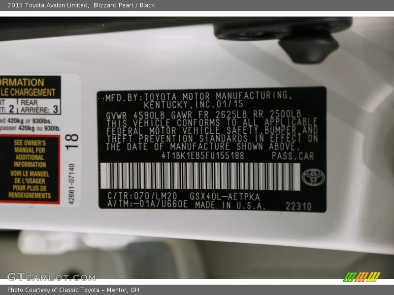 Blizzard Pearl / Black 2015 Toyota Avalon Limited
