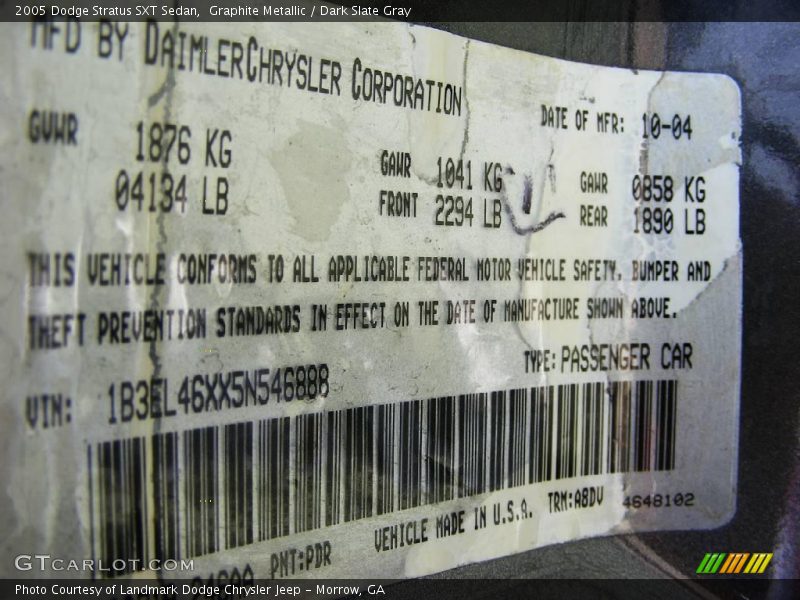 Graphite Metallic / Dark Slate Gray 2005 Dodge Stratus SXT Sedan