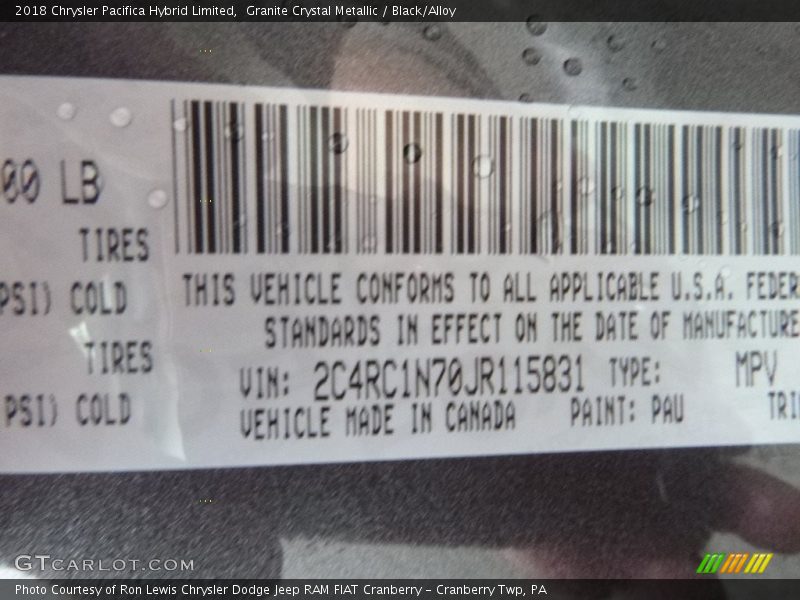2018 Pacifica Hybrid Limited Granite Crystal Metallic Color Code PAU