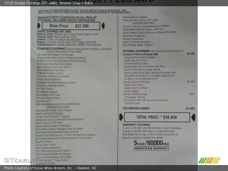 Bruiser Gray / Black 2018 Dodge Durango SXT AWD