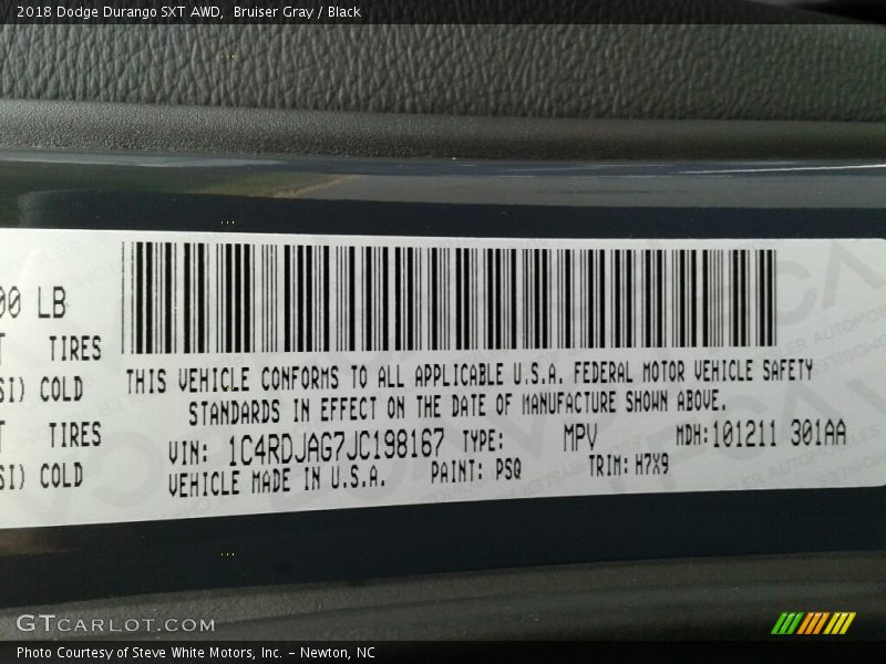 2018 Durango SXT AWD Bruiser Gray Color Code PSQ