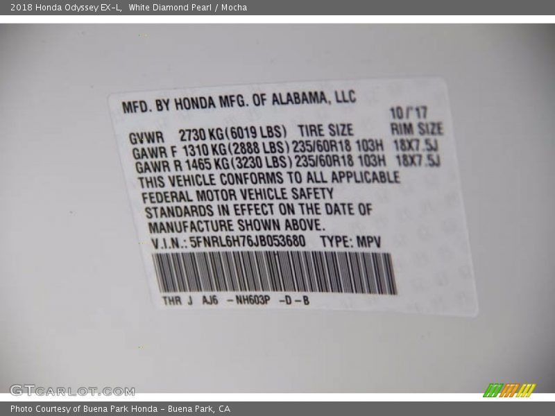 White Diamond Pearl / Mocha 2018 Honda Odyssey EX-L