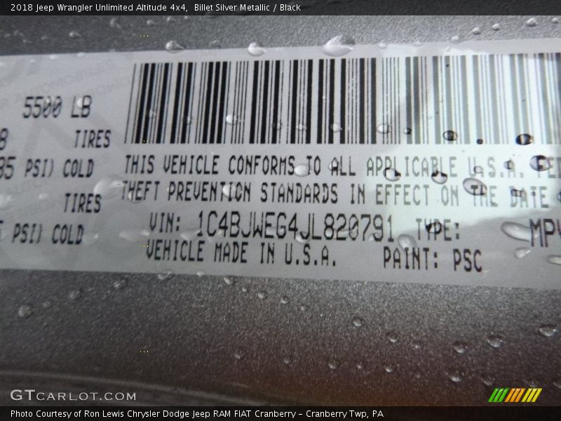 2018 Wrangler Unlimited Altitude 4x4 Billet Silver Metallic Color Code PSC