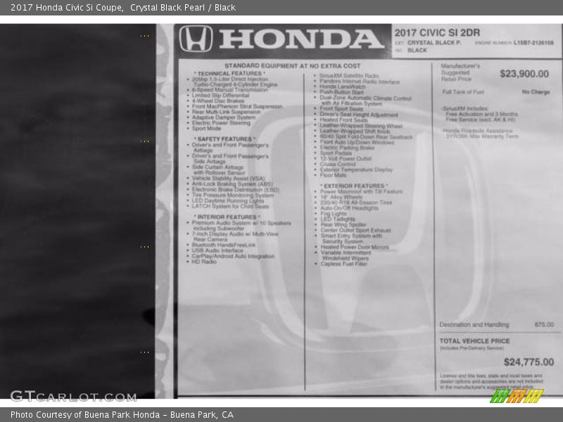Crystal Black Pearl / Black 2017 Honda Civic Si Coupe