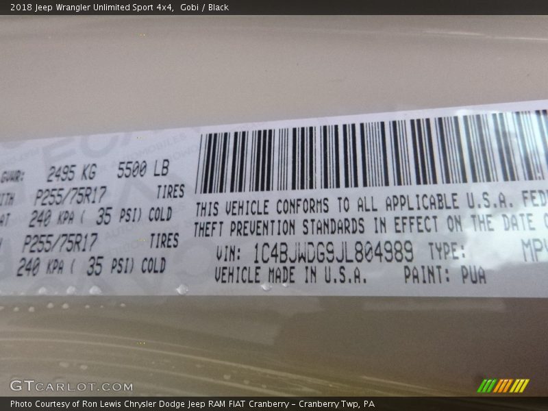 2018 Wrangler Unlimited Sport 4x4 Gobi Color Code PUA