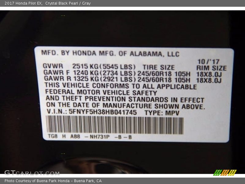 Crystal Black Pearl / Gray 2017 Honda Pilot EX