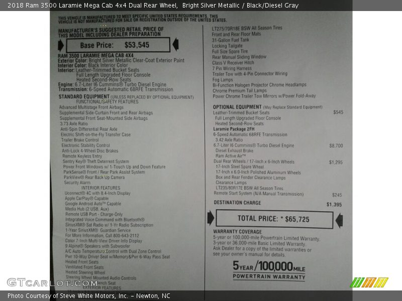 Bright Silver Metallic / Black/Diesel Gray 2018 Ram 3500 Laramie Mega Cab 4x4 Dual Rear Wheel