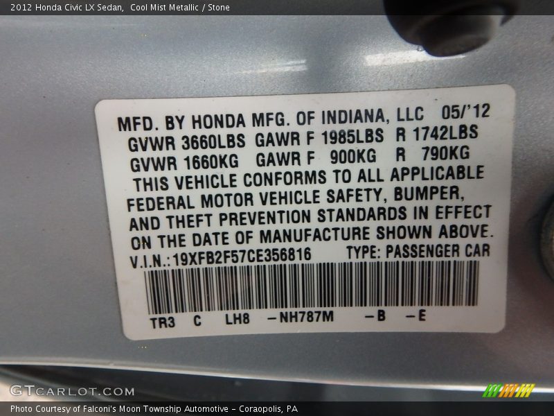 Cool Mist Metallic / Stone 2012 Honda Civic LX Sedan