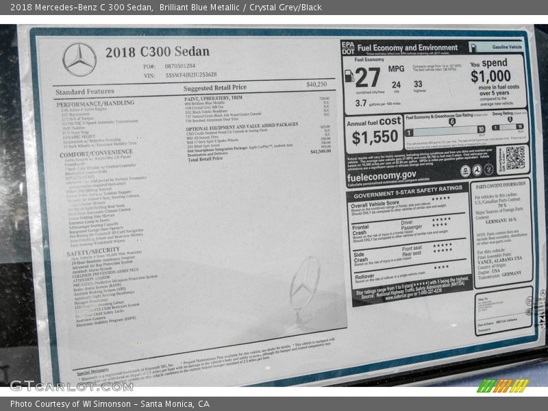 Brilliant Blue Metallic / Crystal Grey/Black 2018 Mercedes-Benz C 300 Sedan
