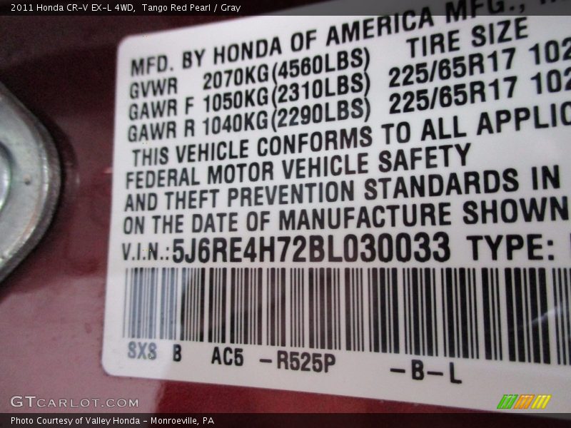 Tango Red Pearl / Gray 2011 Honda CR-V EX-L 4WD