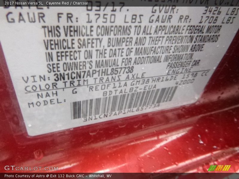 Cayenne Red / Charcoal 2017 Nissan Versa SL