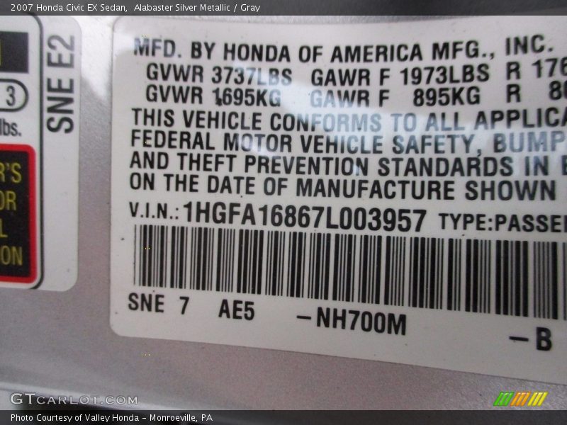 Alabaster Silver Metallic / Gray 2007 Honda Civic EX Sedan