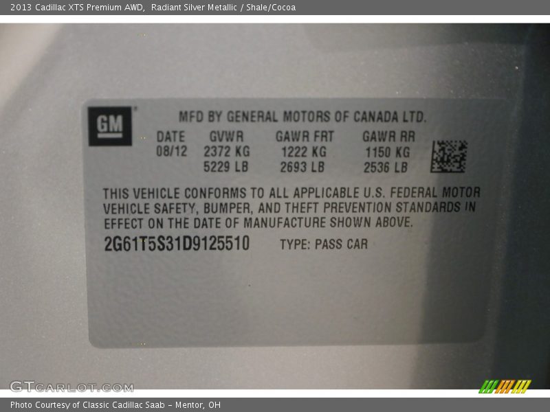 Radiant Silver Metallic / Shale/Cocoa 2013 Cadillac XTS Premium AWD