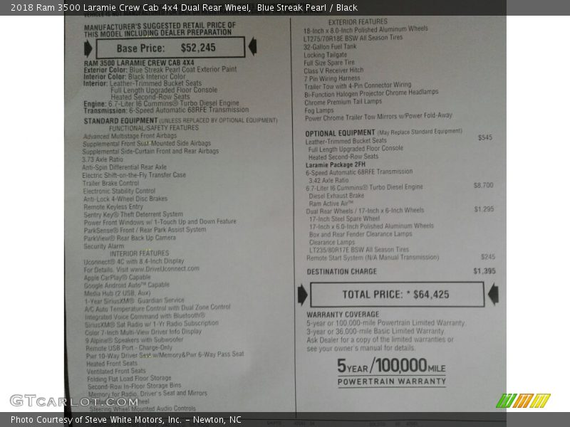  2018 3500 Laramie Crew Cab 4x4 Dual Rear Wheel Window Sticker