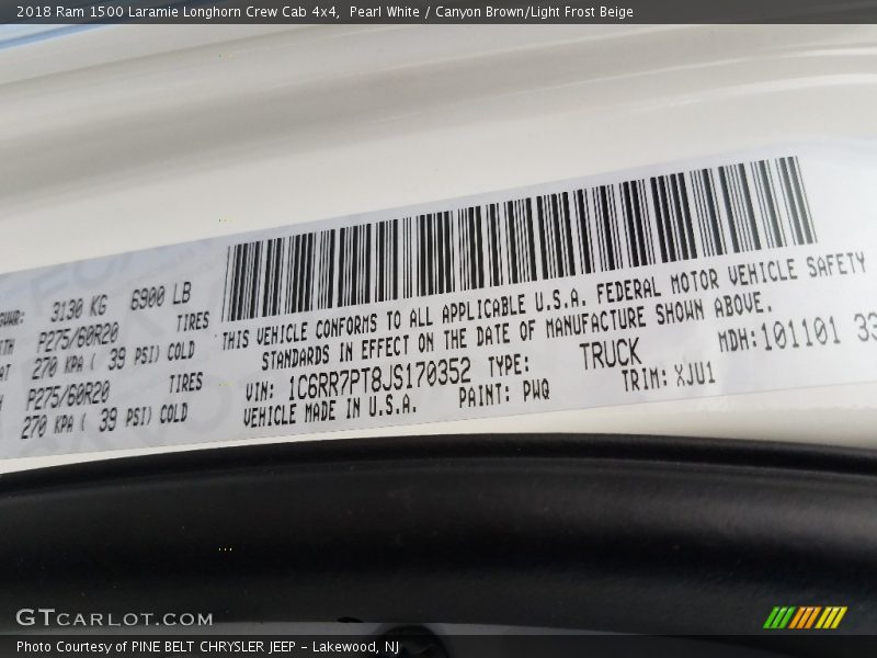 2018 1500 Laramie Longhorn Crew Cab 4x4 Pearl White Color Code PWQ