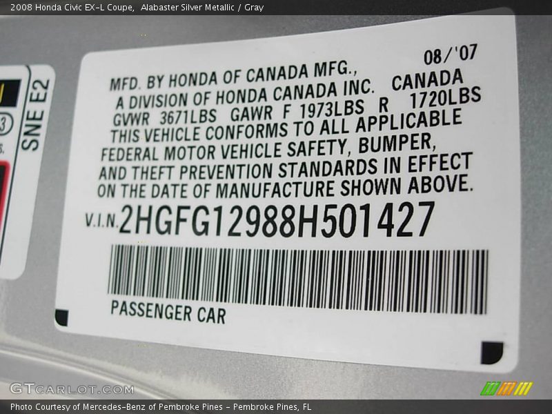 Alabaster Silver Metallic / Gray 2008 Honda Civic EX-L Coupe