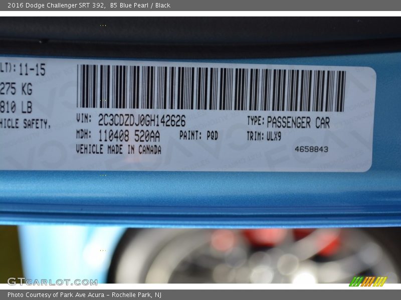 B5 Blue Pearl / Black 2016 Dodge Challenger SRT 392