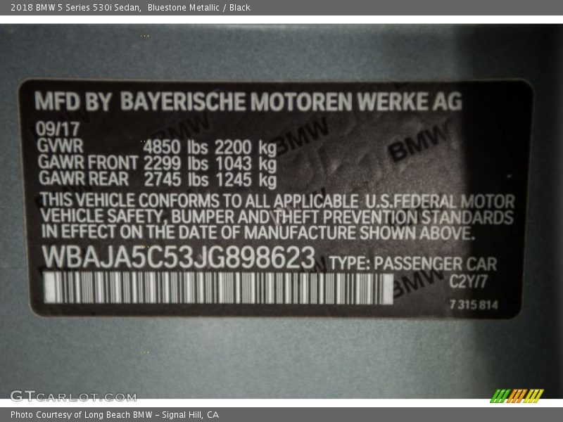 Bluestone Metallic / Black 2018 BMW 5 Series 530i Sedan
