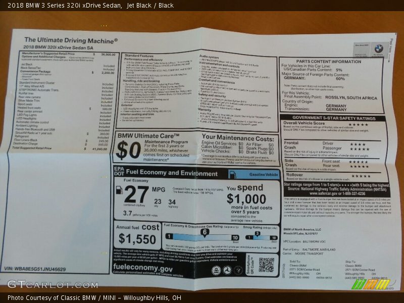  2018 3 Series 320i xDrive Sedan Window Sticker