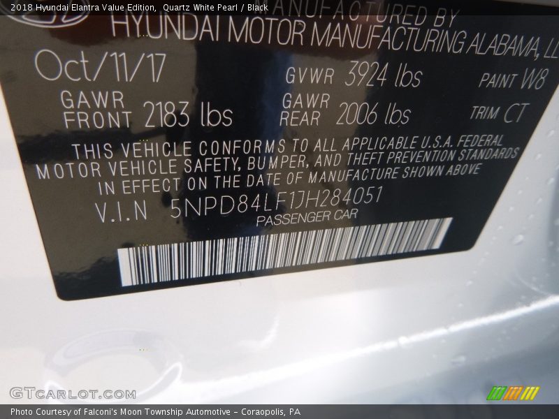 Quartz White Pearl / Black 2018 Hyundai Elantra Value Edition