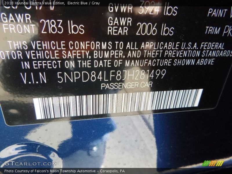 Electric Blue / Gray 2018 Hyundai Elantra Value Edition