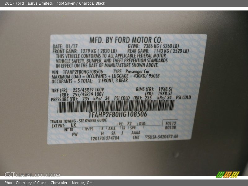 2017 Taurus Limited Ingot Silver Color Code UX