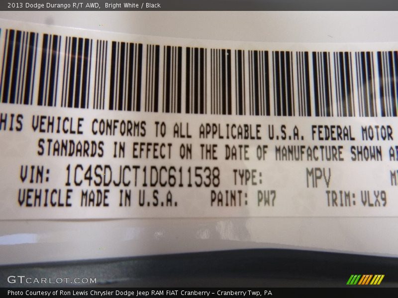 Bright White / Black 2013 Dodge Durango R/T AWD