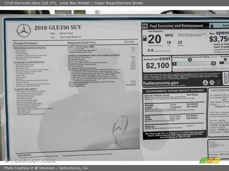 Lunar Blue Metallic / Ginger Beige/Espresso Brown 2018 Mercedes-Benz GLE 350