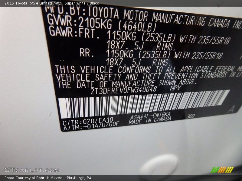 Super White / Black 2015 Toyota RAV4 Limited AWD