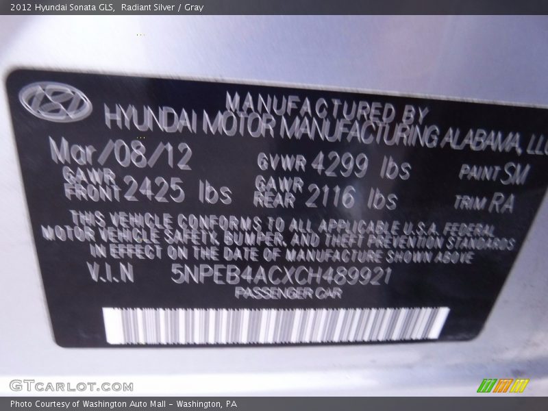 Radiant Silver / Gray 2012 Hyundai Sonata GLS