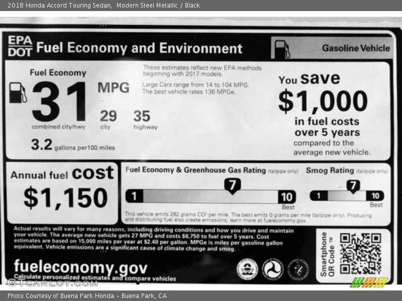 Modern Steel Metallic / Black 2018 Honda Accord Touring Sedan