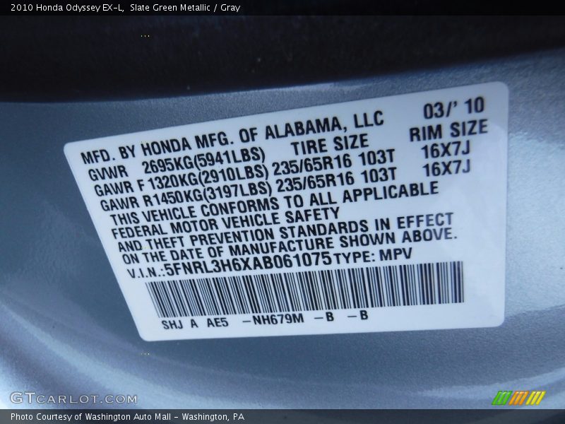 Slate Green Metallic / Gray 2010 Honda Odyssey EX-L