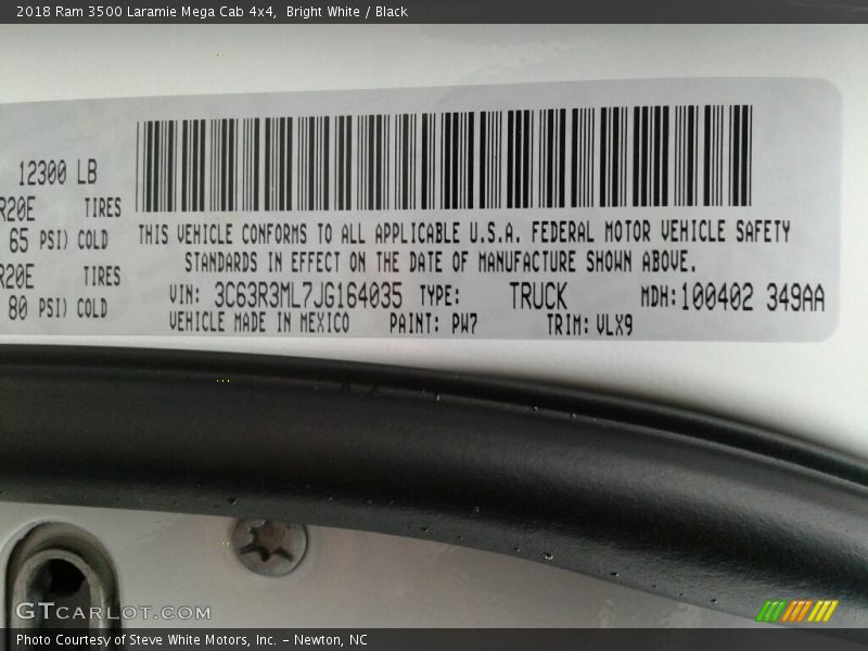 2018 3500 Laramie Mega Cab 4x4 Bright White Color Code PW7