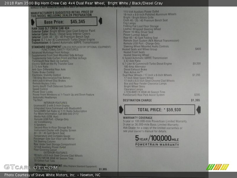 Bright White / Black/Diesel Gray 2018 Ram 3500 Big Horn Crew Cab 4x4 Dual Rear Wheel